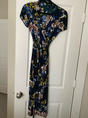 Yumi Kim Navy Floral Wrap Maxi with Pink and Yellow Blooms and Green Leaves